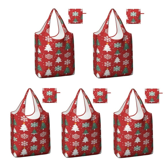 5 Pack Foldable Shopping Bag,Red Christmas Tree and Snowflake Pattern Reusable Grocery Bags with Pockets,Large Reusable Tote Bags with Handles Waterproof & Lightweight