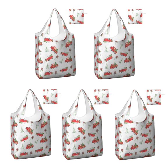 5 Pack Foldable Shopping Bag,Red Christmas Truck Pattern Reusable Grocery Bags with Pockets,Large Reusable Tote Bags with Handles Waterproof & Lightweight