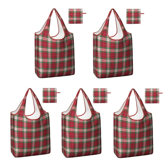 5 Pack Foldable Shopping Bag,Red and Green Christmas Plaid Pattern Reusable Grocery Bags with Pockets,Large Reusable Tote Bags with Handles Waterproof & Lightweight