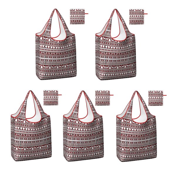 5 Pack Foldable Shopping Bag,Red and White Christmas Folk Pattern Reusable Grocery Bags with Pockets,Large Reusable Tote Bags with Handles Waterproof & Lightweight