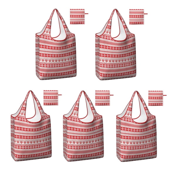 5 Pack Foldable Shopping Bag,Red and White Christmas Pattern Reusable Grocery Bags with Pockets,Large Reusable Tote Bags with Handles Waterproof & Lightweight