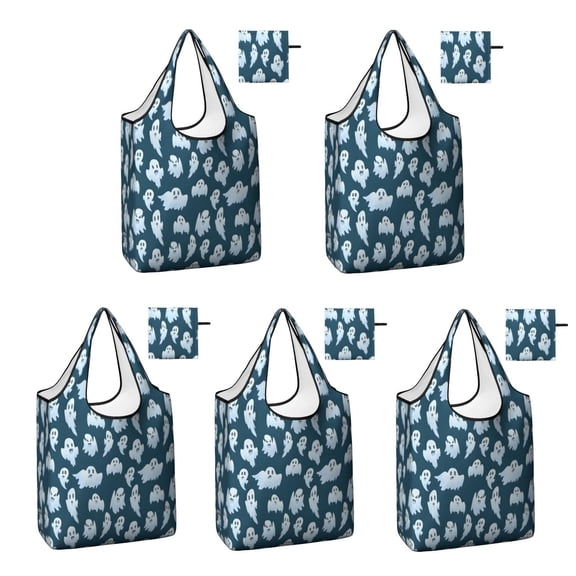 5 Pack Foldable Shopping Bag,Smiling Ghosts Halloween Pattern Reusable Grocery Bags with Pockets,Large Reusable Tote Bags with Handles Waterproof & Lightweight