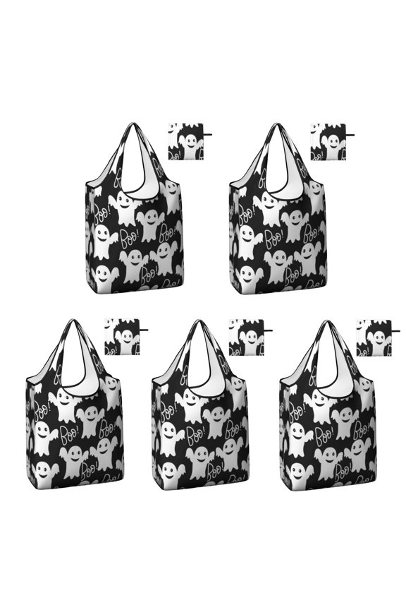 5 Pack Foldable Shopping Bag,Smiling Ghosts Halloween Pattern Reusable Grocery Bags with Pockets,Large Reusable Tote Bags with Handles Waterproof & Lightweight