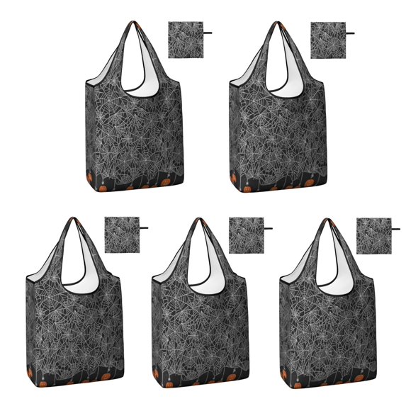 5 Pack Foldable Shopping Bag,Spider Web Border Halloween Pattern Reusable Grocery Bags with Pockets,Large Reusable Tote Bags with Handles Waterproof & Lightweight