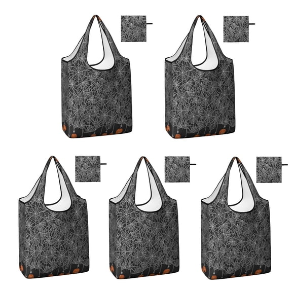 5 Pack Foldable Shopping Bag,Spider Web Border Halloween Pattern Reusable Grocery Bags with Pockets,Large Reusable Tote Bags with Handles Waterproof & Lightweight