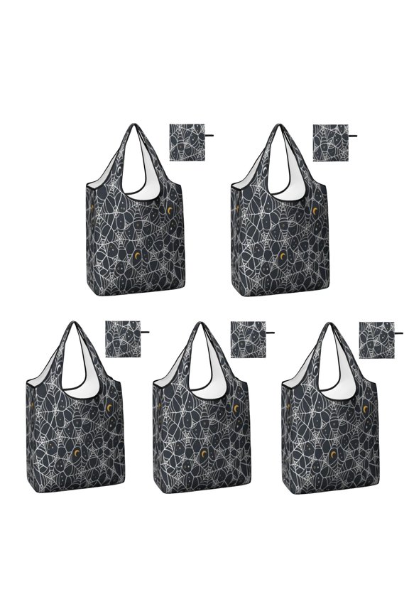 5 Pack Foldable Shopping Bag,Spider Web Halloween Pattern Reusable Grocery Bags with Pockets,Large Reusable Tote Bags with Handles Waterproof & Lightweight