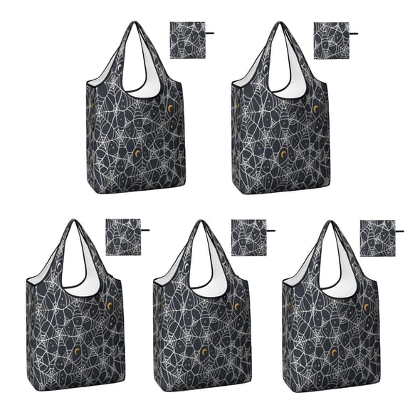 5 Pack Foldable Shopping Bag,Spider Web Halloween Pattern Reusable Grocery Bags with Pockets,Large Reusable Tote Bags with Handles Waterproof & Lightweight