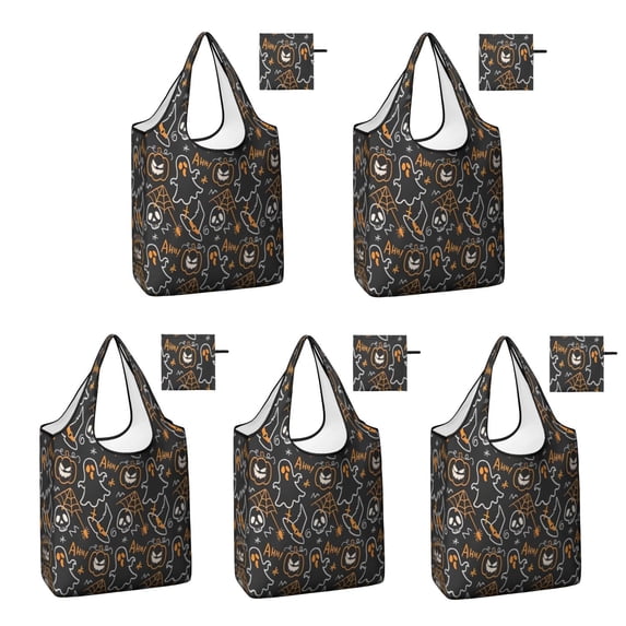 5 Pack Foldable Shopping Bag,Spooky Halloween Pattern Reusable Grocery Bags with Pockets,Large Reusable Tote Bags with Handles Waterproof & Lightweight