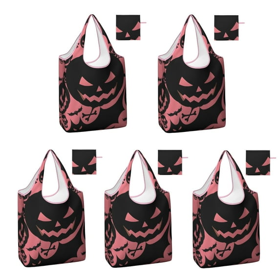 5 Pack Foldable Shopping Bag,Spooky Halloween Silhouette Pattern Reusable Grocery Bags with Pockets,Large Reusable Tote Bags with Handles Waterproof & Lightweight
