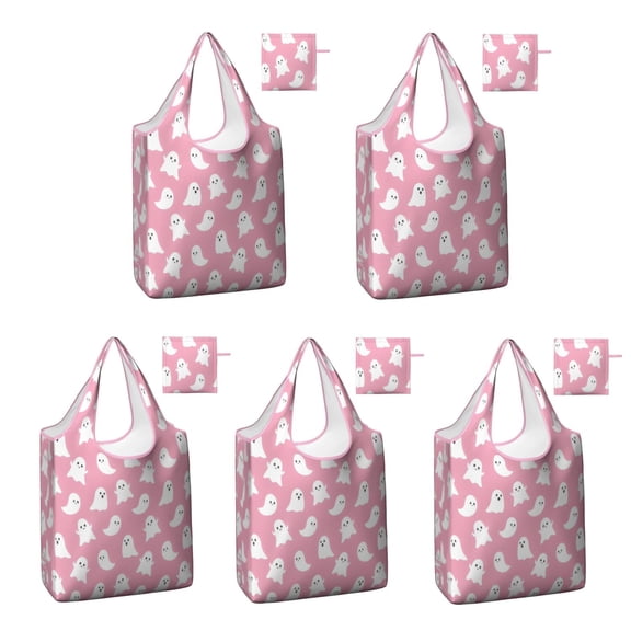 5 Pack Foldable Shopping Bag,Tiny Ghost Halloween Pattern Reusable Grocery Bags with Pockets,Large Reusable Tote Bags with Handles Waterproof & Lightweight