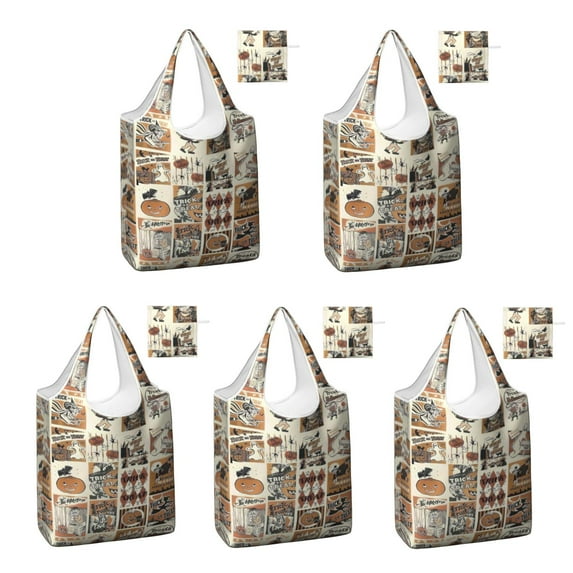 5 Pack Foldable Shopping Bag,Vintage Halloween Poster Pattern Reusable Grocery Bags with Pockets,Large Reusable Tote Bags with Handles Waterproof & Lightweight