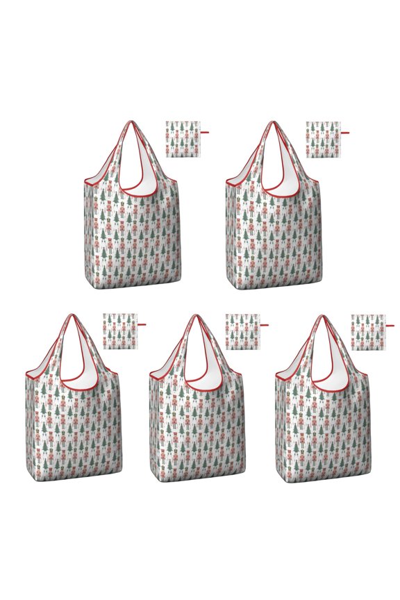 5 Pack Foldable Shopping Bag,White Christmas Nutcracker Pattern Reusable Grocery Bags with Pockets,Large Reusable Tote Bags with Handles Waterproof & Lightweight