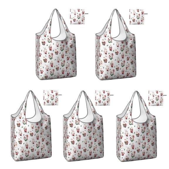 5 Pack Foldable Shopping Bag,White Christmas Santa Pattern Reusable Grocery Bags with Pockets,Large Reusable Tote Bags with Handles Waterproof & Lightweight