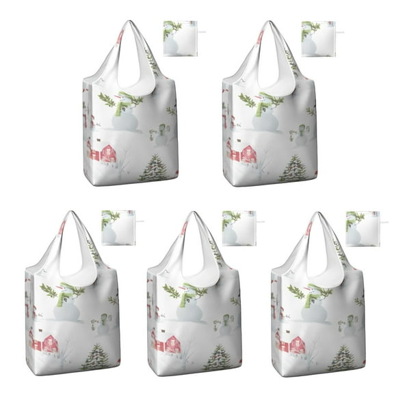 5 Pack Foldable Shopping Bag,White Christmas Snowman Pattern Reusable Grocery Bags with Pockets,Large Reusable Tote Bags with Handles Waterproof & Lightweight