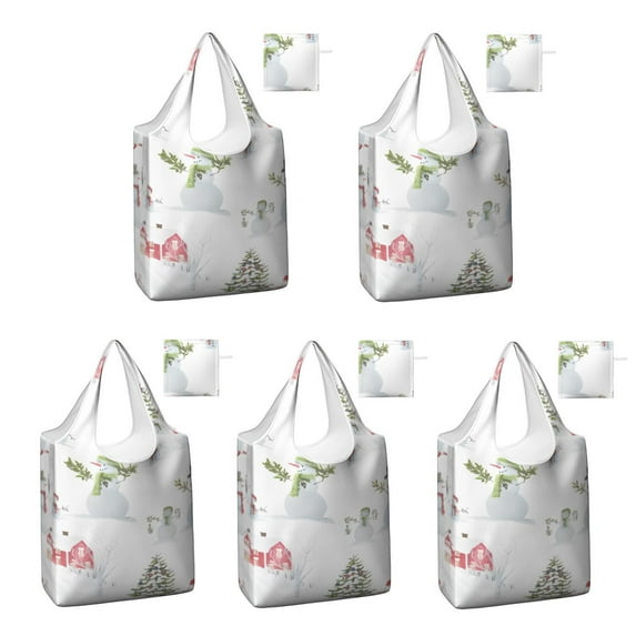 5 Pack Foldable Shopping Bag,White Christmas Snowman Pattern Reusable Grocery Bags with Pockets,Large Reusable Tote Bags with Handles Waterproof & Lightweight