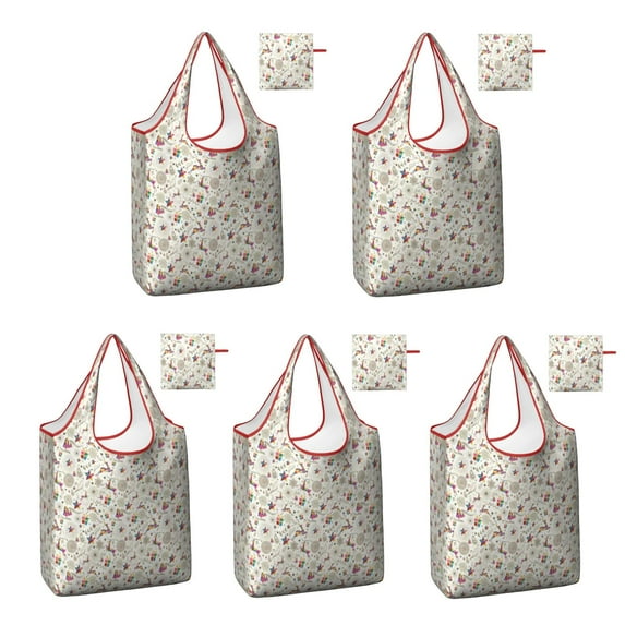 5 Pack Foldable Shopping Bag,White Christmas Star and Gift Pattern Reusable Grocery Bags with Pockets,Large Reusable Tote Bags with Handles Waterproof & Lightweight