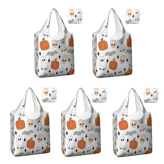 5 Pack Foldable Shopping Bag,White Halloween Ghosts Skulls and Bats Reusable Grocery Bags with Pockets,Large Reusable Tote Bags with Handles Waterproof & Lightweight