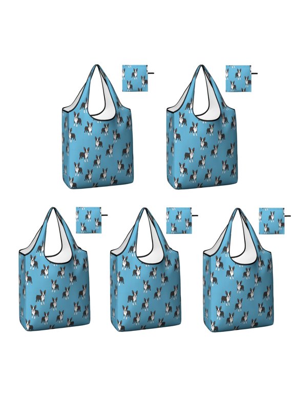 5 Pack Foldable Shopping Bags, Boston Terrier Blue Pattern Reusable Grocery Bags with Pockets, Large Waterproof Lightweight Tote Bags with Handles