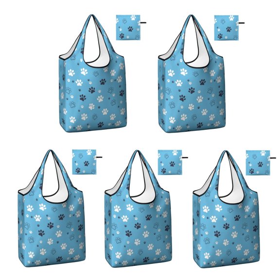 5 Pack Foldable Shopping Bags, Dog Paw Print Blue Pattern Reusable Grocery Bags with Pockets, Large Waterproof Lightweight Tote Bags with Handles