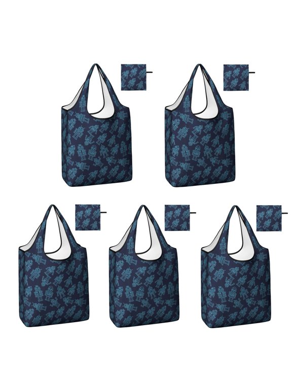 5 Pack Foldable Shopping Bags, Robot and Robots Blue Pattern Reusable Grocery Bags with Pockets, Large Waterproof Lightweight Tote Bags with Handles