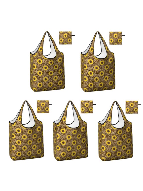 5 Pack Foldable Shopping Bags, Sunflower and Leopard Brown Pattern Reusable Grocery Bags with Pockets, Large Waterproof Lightweight Tote Bags with Handles
