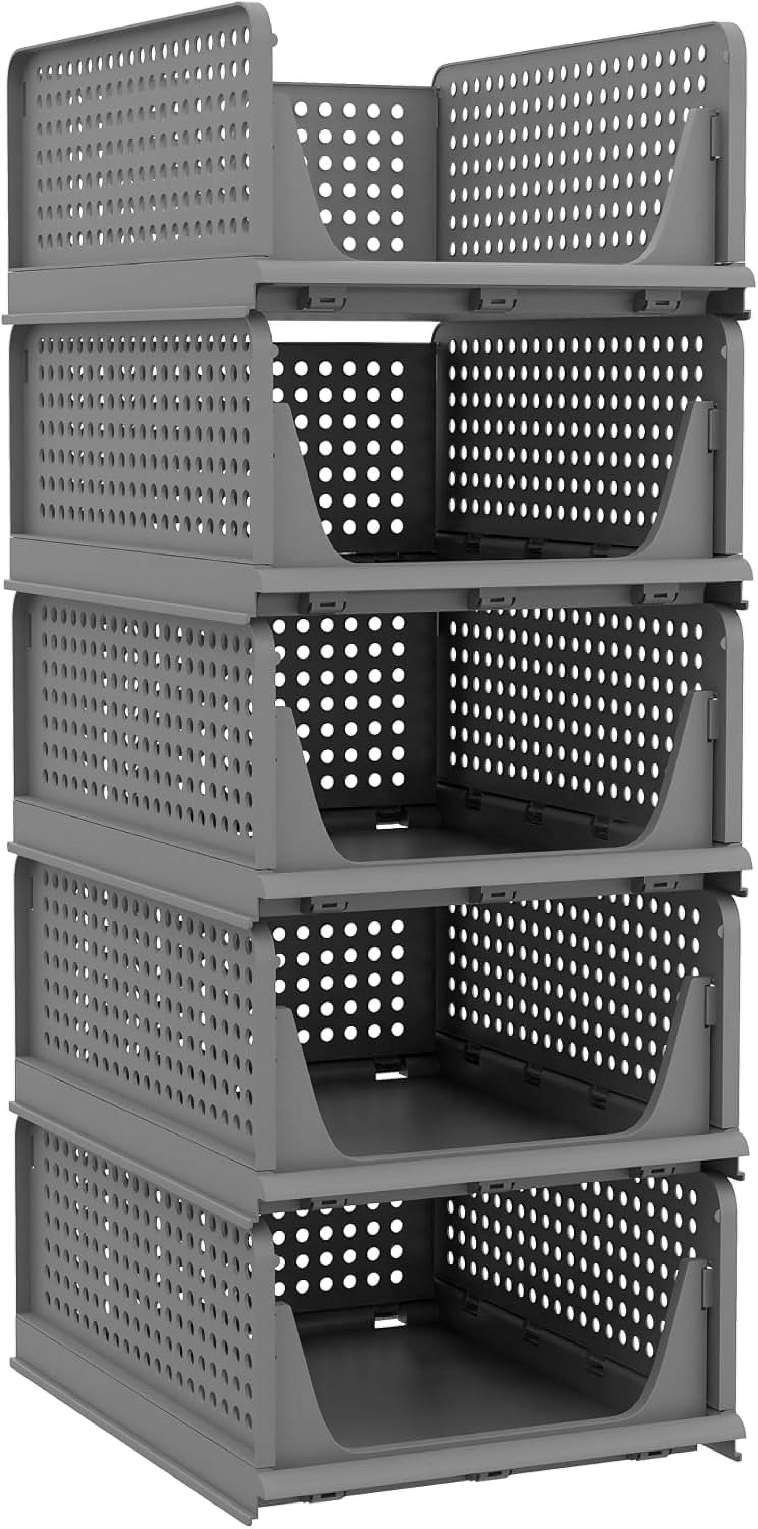 5 Pack Folding Closet Organizers - Stackable Plastic Drawer Basket for Clothing, Shelf Storage Container for Closet, Wardrobe, Bedroom, Bathroom, Office (Black)