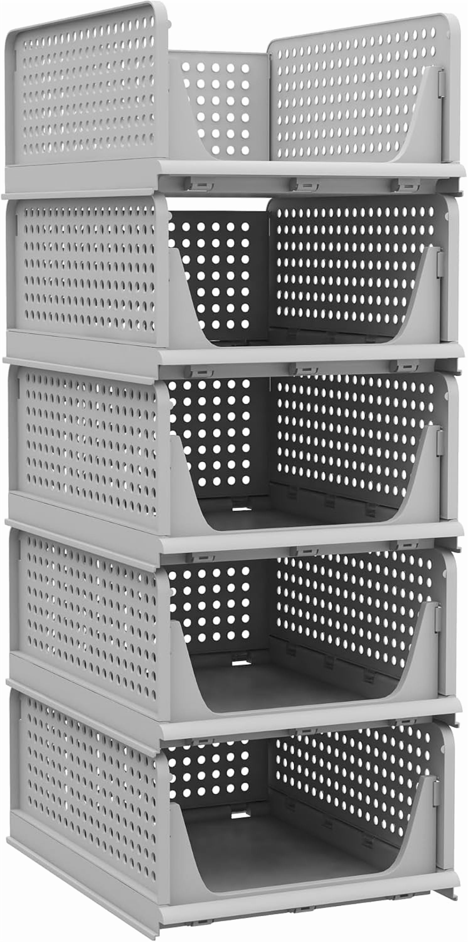 5 Pack Folding Closet Organizers Storage Box, Stackable Plastic Drawer Basket for Clothing, Stackable Storage Bins Shelf Storage Container for Closet Wardrobe Bedroom Bathroom Office (Grey)