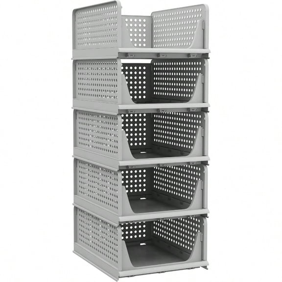5 Pack Folding Closet Organizers Storage Box Stackable Plastic Drawer Basket For Clothing Stackable Storage Bins Shelf Storage Container For Closet Wardrobe Bedroom Bathroom Office Grey