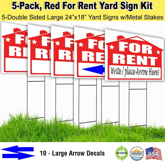 5 Pack For Rent Signs Kit with stakes, and arrow stickers