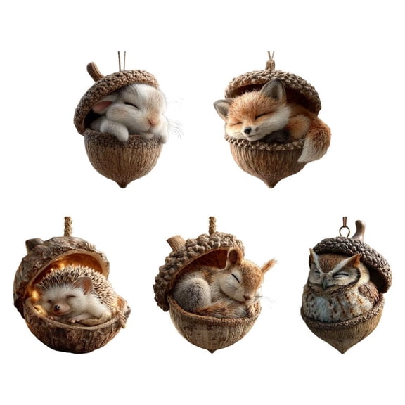 5 Pack Forest Animal Christmas Ornaments, Acrylic Sleeping Animal in Acorn Hanging Decorations for Christmas Tree, Wreath, Classroom, Nursery and Woodland Holiday Decor