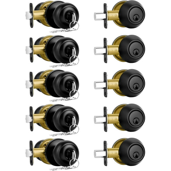 5 Pack Front Door Lock Set Matte Black,Exterior Door Lock Set with Deadbolt,Single Cylinder Deadbolt Lock and Door Knob Set,Keyed Alike Door Knobs with Lock&Keys,Round Ball Entry Door Lockset