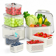 5 Pack Fruit Storage Containers For Fridge With Removable Colanders, Airtight Storage Container with Lids & Handle, Dishwasher & Microwave Safe, Keep Berry Fruit Vegetable Food Meat Fresh Longer