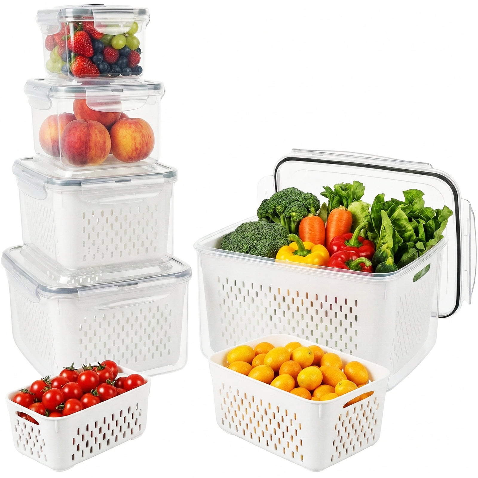 5 Pack Fruit Storage Containers for Fridge with Lid and Removable ColanderPlastic Fresh Produce Saver Vegetable ContainerRefrigerator Organizer for Lettuce Berry Food Meat