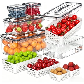 5 Pack Fruit Storage Containers for Fridge with Removable Colander & Handle Lid, Refrigerator Organizers and Storage, 5-in-1 Leakproof Organizer for Salad, Berries, Vegetables & Meat, Dishwasher Safe