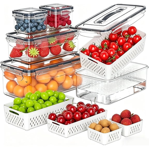 5 Pack Fruit Storage Containers for Fridge with Removable Colander & Handle Lid, Refrigerator Organizers and Storage, 5-in-1 Leakproof Organizer for Salad, Berries, Vegetables & Meat, Dishwasher Safe