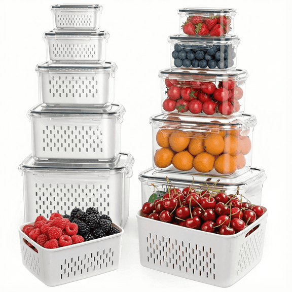 5 Pack Fruit Storage Containers for Fridge with Removable Colander, Leakproof Produce Keeper for Berries, Vegetables & Salad, All-in-One Wash & Store Food Containers, BPA Free