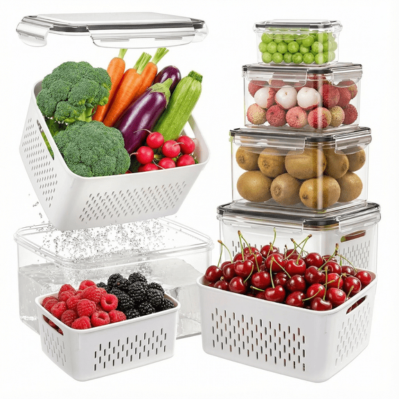 5 Pack Fruit Storage Containers for Fridge with Removable Colander, Leakproof Produce Keeper for Berries, Vegetables & Salad, All-in-One Wash & Store Food Containers, BPA Free