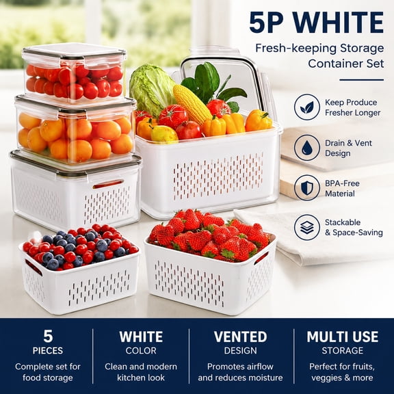 5-Pack Fruit Storage Containers with Removable Colanders, Leakproof 4-in-1 Produce Keeper Bins for Salad, Berries, Lettuce, Vegetables, Meat Freshness