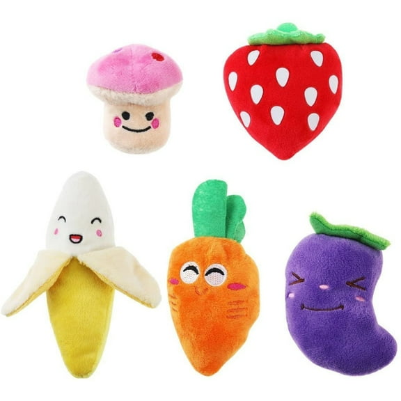 5-Pack Plush Squeaky Dog Toys Fruits & Vegetables Set for Small Dogs & Puppies Soft Chew Toys for Teething & Play Includes Strawberry, Banana, Carrot, Eggplant & Mushroom