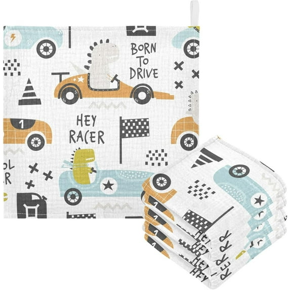 5 Pack Funny Cartoon Dinosaur Driver Baby Muslin Washcloths, Soft Absorbent Face Towel Burp Cloths Cotton Bath Wipes Infant Wash Cloth for Newborn Boys Girls