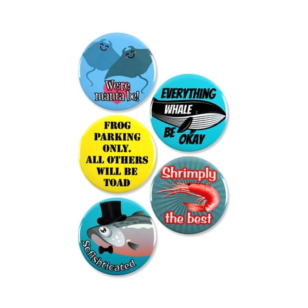 5 Pack - Funny Sea Creature Puns Pinback Buttons - 2.25 Inch