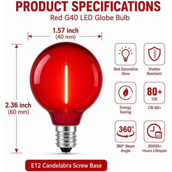 5 Pack G40 Red LED Replacement Christmas Light Bulbs,E12 Candelabra Base, Shatterproof Plastic, for Christmas Outdoor String Lights (5 PCS)