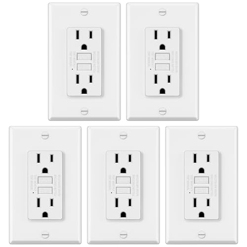 5 Pack GFCI Outlets 15 Amp, Non-Tamper Resistant, Decor GFI Receptacles with LED Indicator, Ground Fault Circuit Interrupter, Wallplate Included, ETL Listed, White