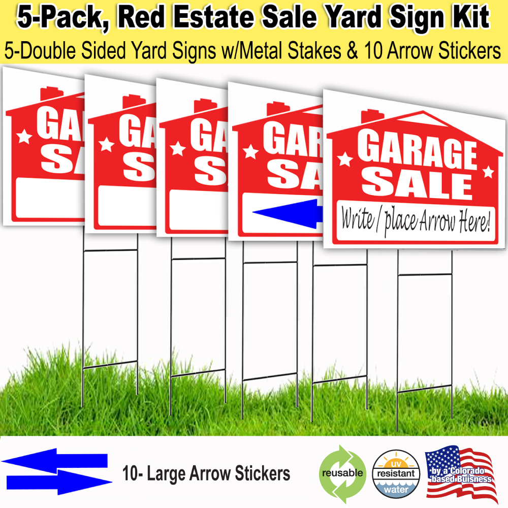 5 Pack Garage Sale Sign Kit with stakes, and arrow stickers