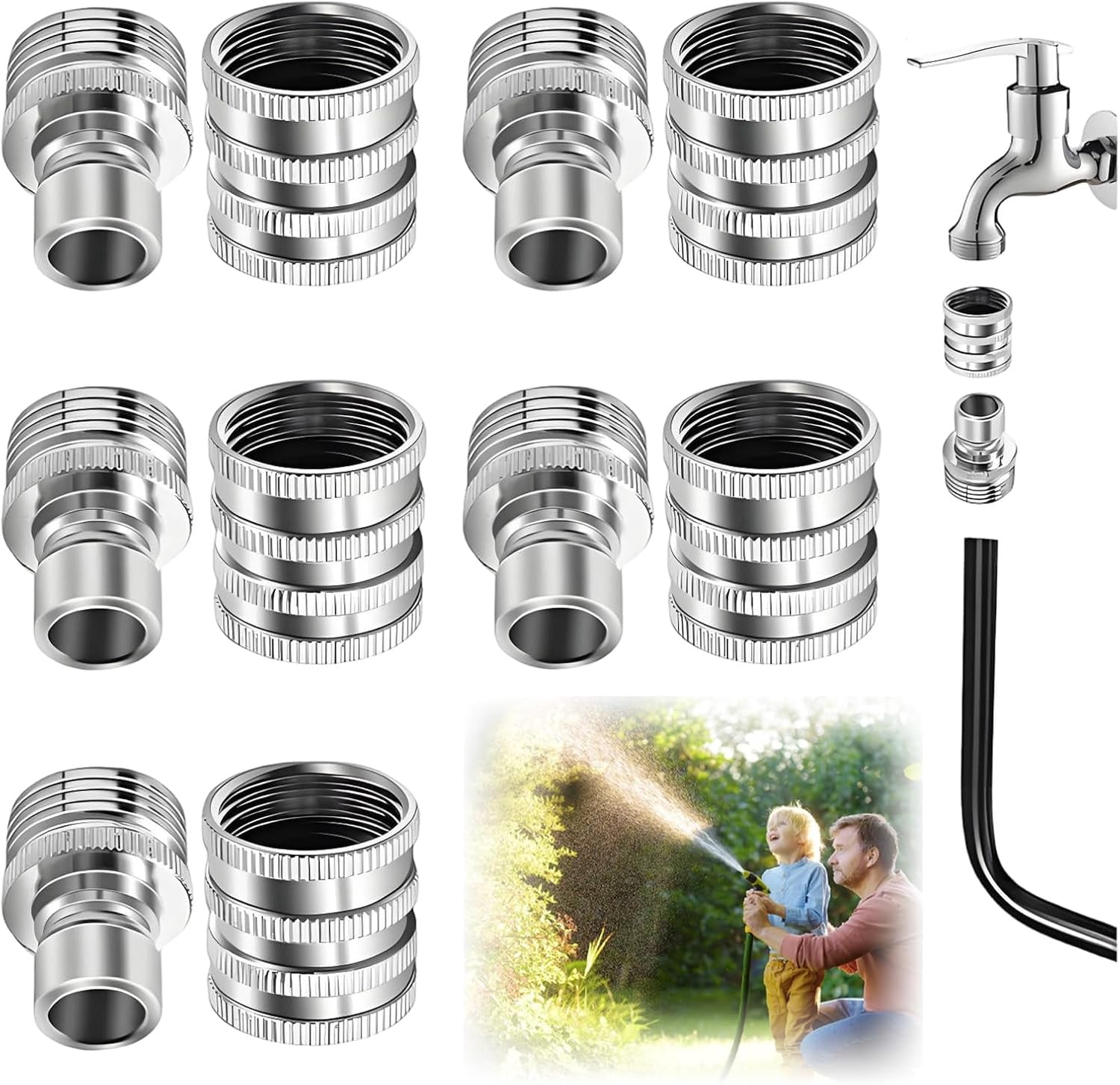 5 Pack Garden Hose Quick Release Connect Fittings, 1/2 to 3/4 Inch GHT Garden Hose Adapter, Stainless Steel Heavy Duty Water Hose Connector Fitting sets for Hoses and Sprayers