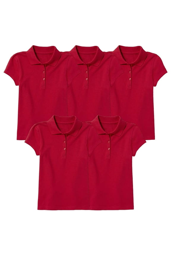 5-Pack Girl's 3-Button Short Sleeve Stretch Pique Polo Shirts School Uniform (4-20)
