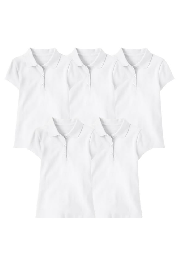 5-Pack Girl's 3-Button Short Sleeve Stretch Pique Polo Shirts School Uniform (4-20)