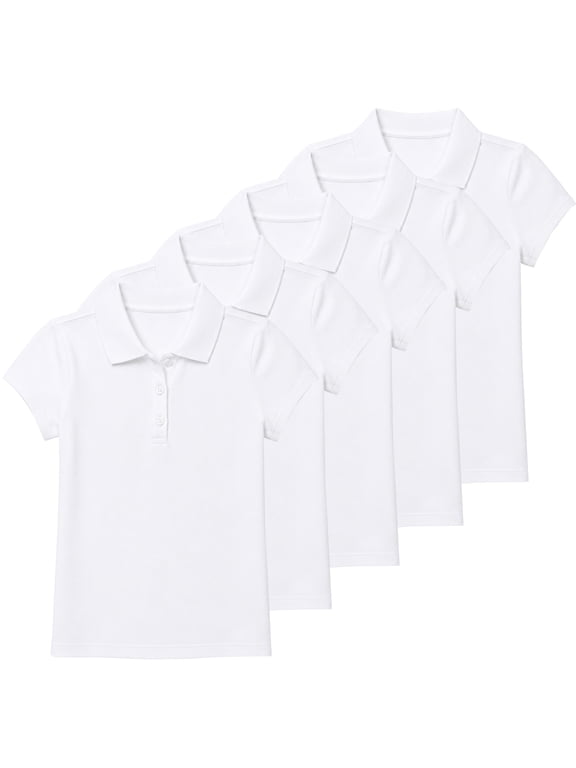 5-Pack Girl's 3-Button Short Sleeve Stretch Pique Polo Shirts School Uniform (4-20)