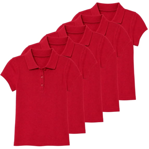 5-Pack Girl's 3-Button Short Sleeve Stretch Pique Polo Shirts School Uniform (4-20)