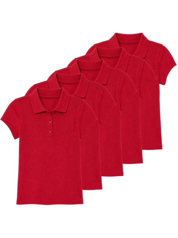 5-Pack Girl's 3-Button Short Sleeve Stretch Pique Polo Shirts School Uniform (4-20)